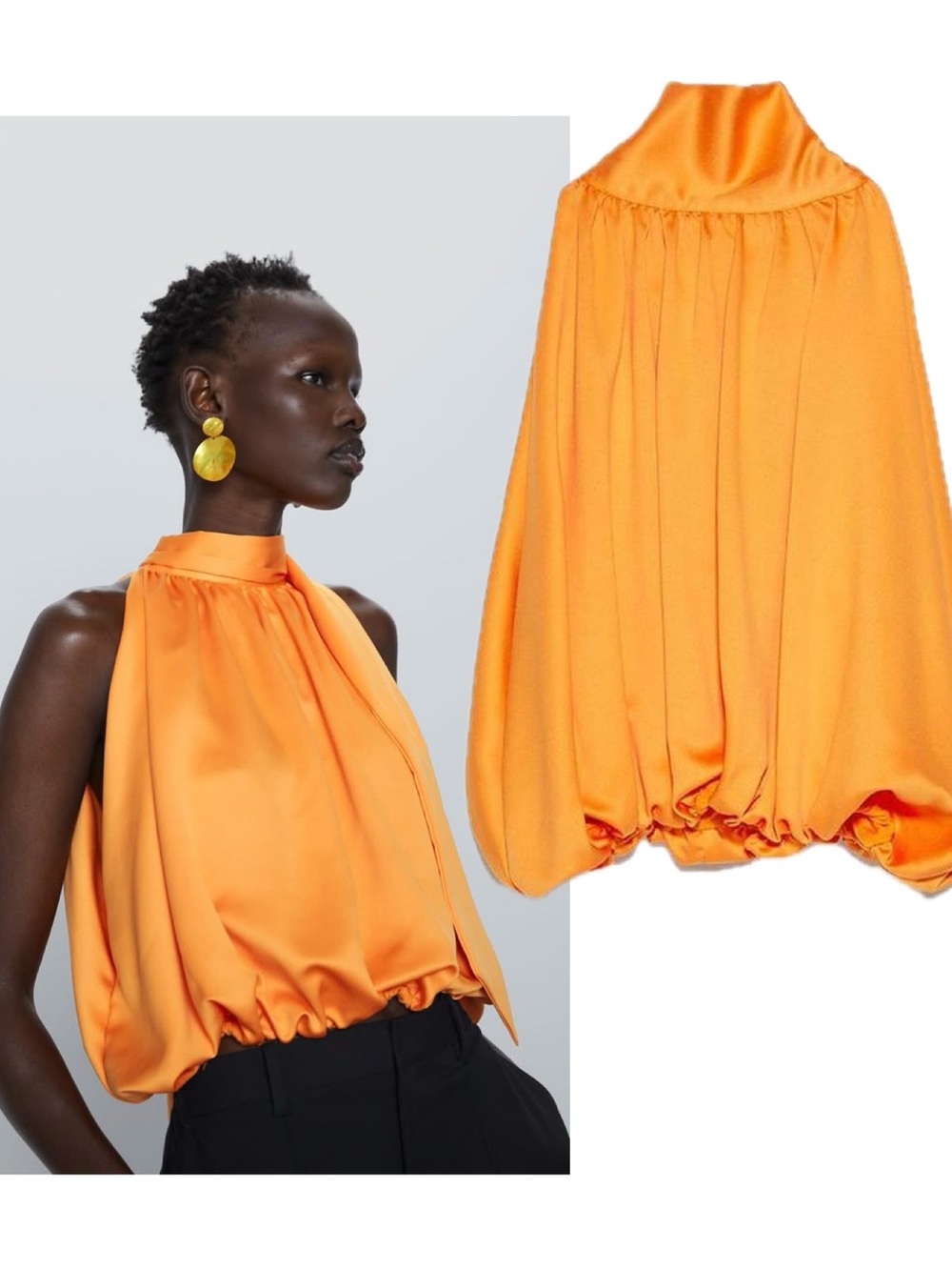Orange Satin High Neck Halter Blouse Tie Back Draped Bubble Hem Sleeveless Top